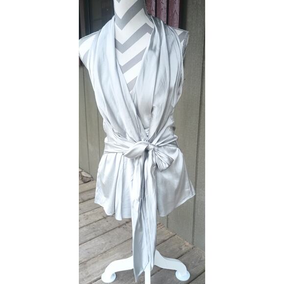 Ann Taylor Silver Gray Silk Spandex Sleeveless Blouse Top Wrap Waist Size 14 - Picture 1 of 9